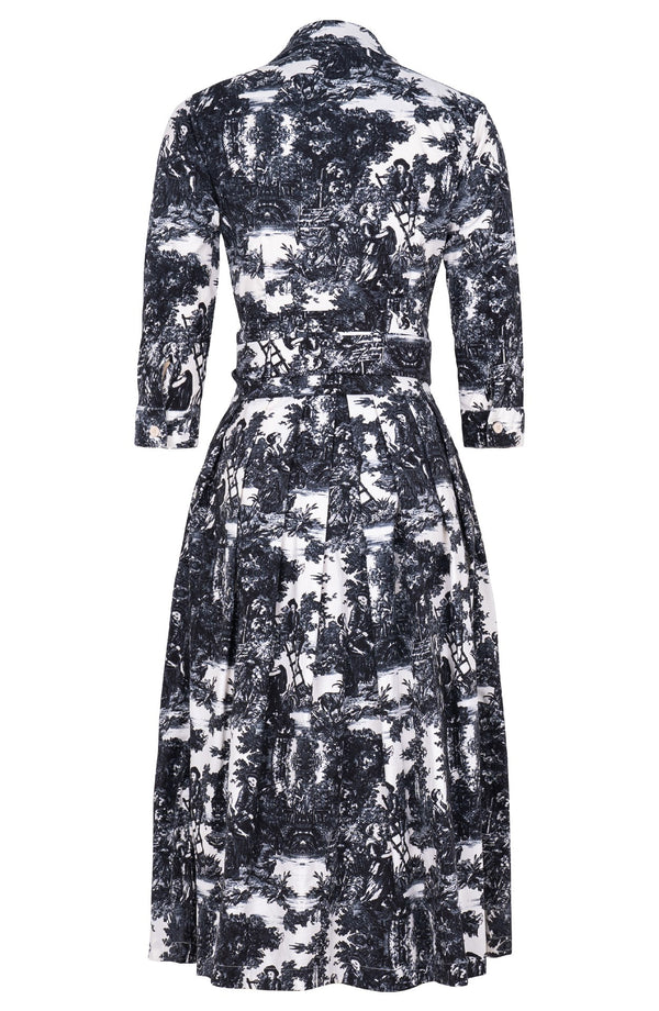 Audrey Dress #1 Shirt Collar 3/4 Sleeve Midi Length Cotton Stretch (Antilles Toile Pastel)