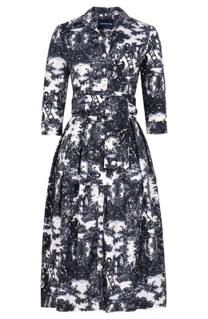 Audrey Dress #1 Shirt Collar 3/4 Sleeve Midi Length Cotton Stretch (Antilles Toile Pastel)