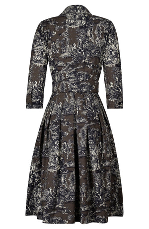 Audrey Dress #1 Shirt Collar 3/4 Sleeve Long Length Cotton Stretch (Antille Toile)