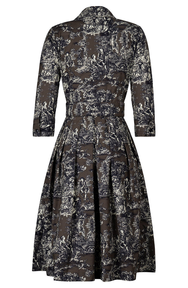Audrey Dress #1 Shirt Collar 3/4 Sleeve Long Length Cotton Stretch (Antille Toile)