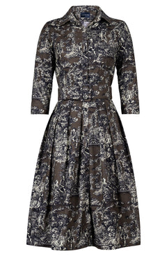 Audrey Dress #1 Shirt Collar 3/4 Sleeve Long Length Cotton Stretch (Antille Toile)