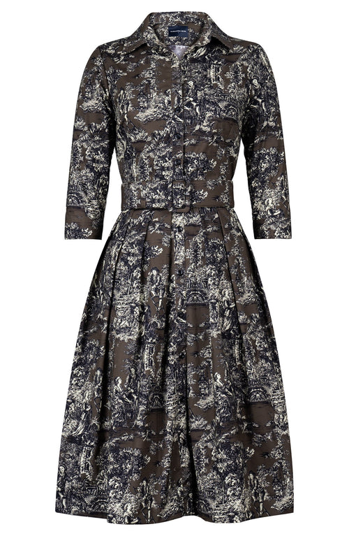 Audrey Dress #1 Shirt Collar 3/4 Sleeve Long Length Cotton Stretch (Antille Toile)