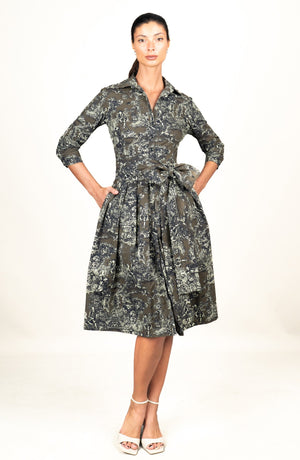 Audrey Dress #1 Shirt Collar 3/4 Sleeve Long Length Cotton Stretch (Antille Toile)