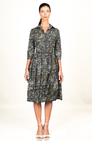 Audrey Dress #1 Shirt Collar 3/4 Sleeve Long Length Cotton Stretch (Antille Toile)