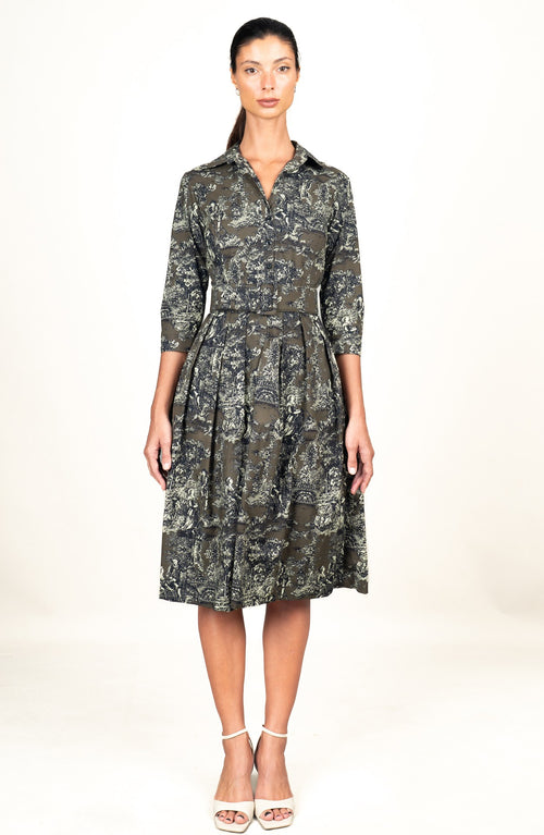 Audrey Dress #1 Shirt Collar 3/4 Sleeve Long Length Cotton Stretch (Antille Toile)