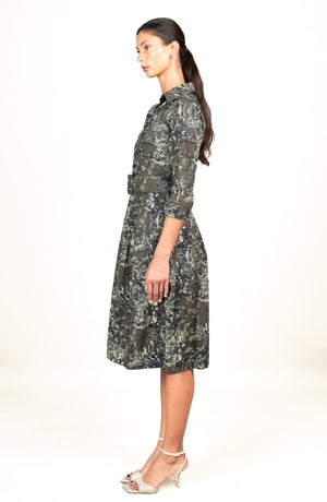 Audrey Dress #1 Shirt Collar 3/4 Sleeve Long Length Cotton Stretch (Antille Toile)
