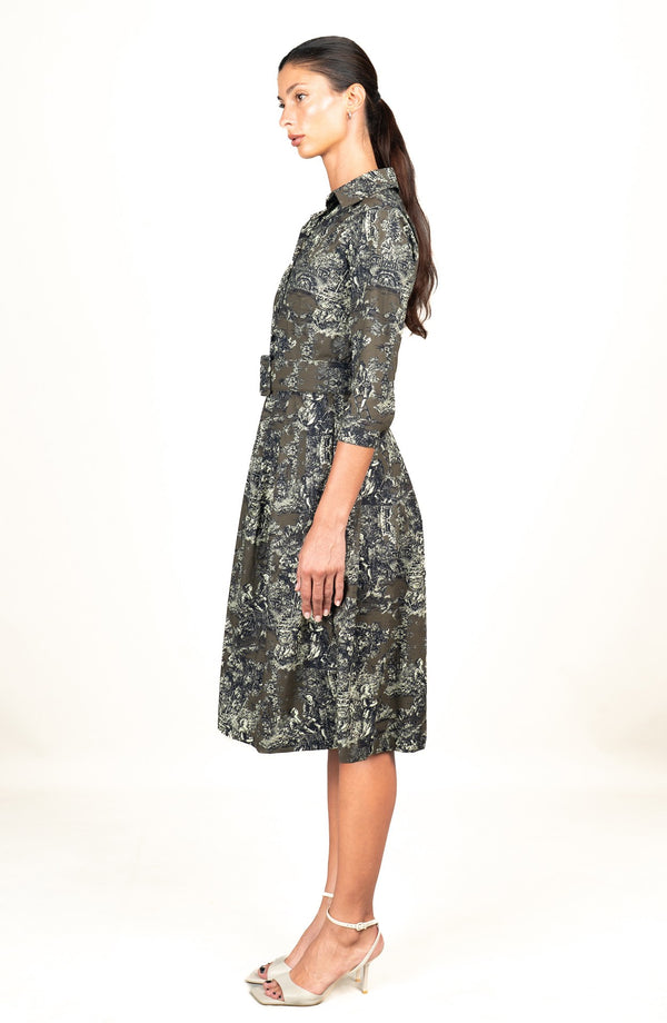 Audrey Dress #1 Shirt Collar 3/4 Sleeve Long Length Cotton Stretch (Antille Toile)