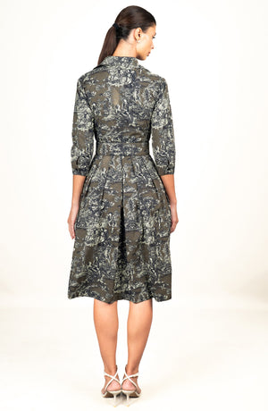 Audrey Dress #1 Shirt Collar 3/4 Sleeve Long Length Cotton Stretch (Antille Toile)