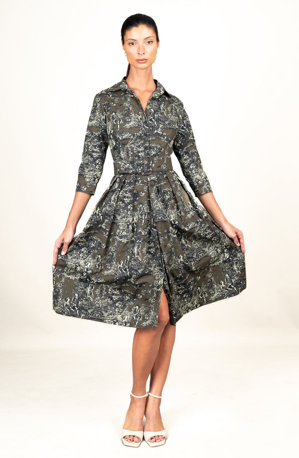 Audrey Dress #1 Shirt Collar 3/4 Sleeve Long Length Cotton Stretch (Antille Toile)