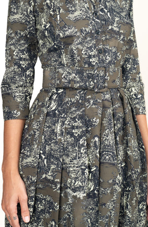 Audrey Dress #1 Shirt Collar 3/4 Sleeve Long Length Cotton Stretch (Antille Toile)