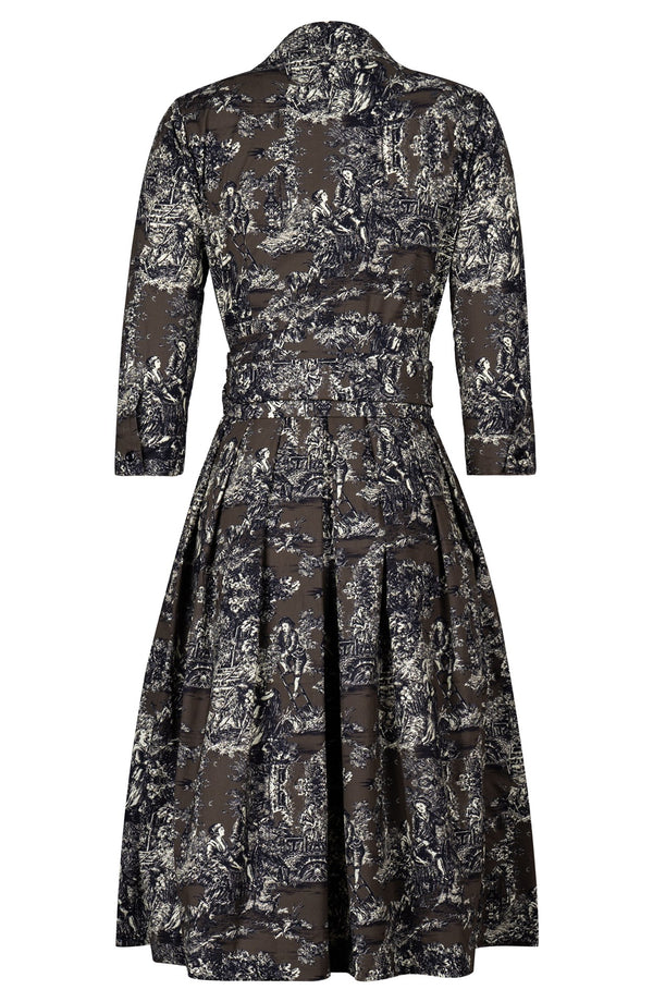 Audrey Dress #1 Shirt Collar 3/4 Sleeve Long Length Cotton Stretch (Antille Toile)