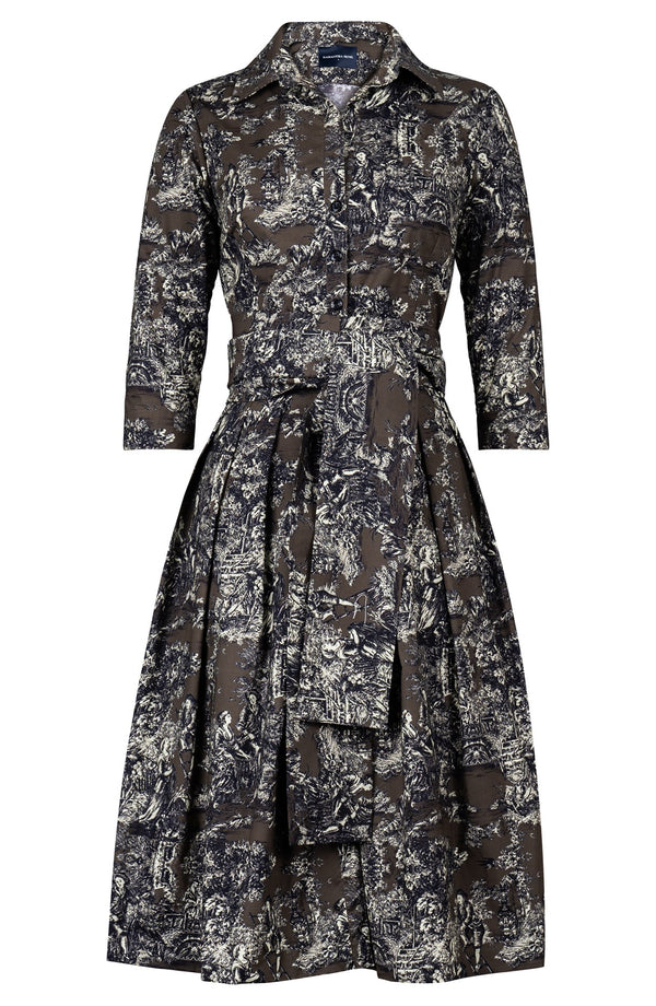 Audrey Dress #1 Shirt Collar 3/4 Sleeve Long Length Cotton Stretch (Antille Toile)