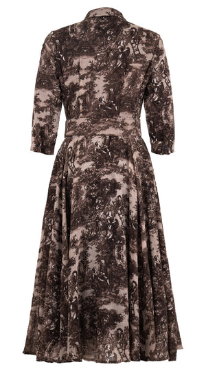 Aster Dress Shirt Collar 3/4 Sleeve Midi Length Wool Musola (Antilles Toile Ground) - Beige Sepia
