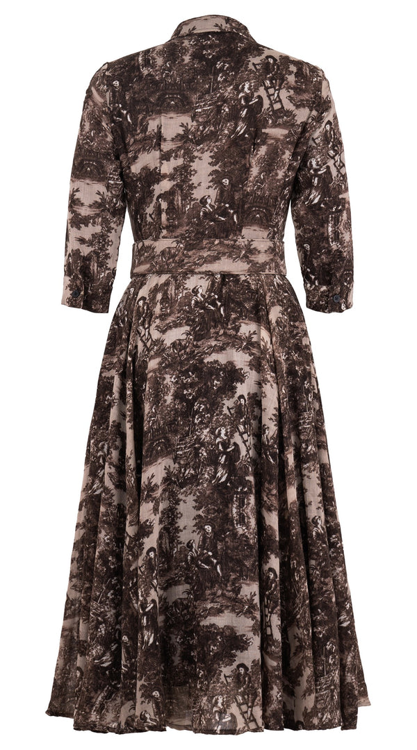 Aster Dress Shirt Collar 3/4 Sleeve Midi Length Wool Musola (Antilles Toile Ground) - Beige Sepia