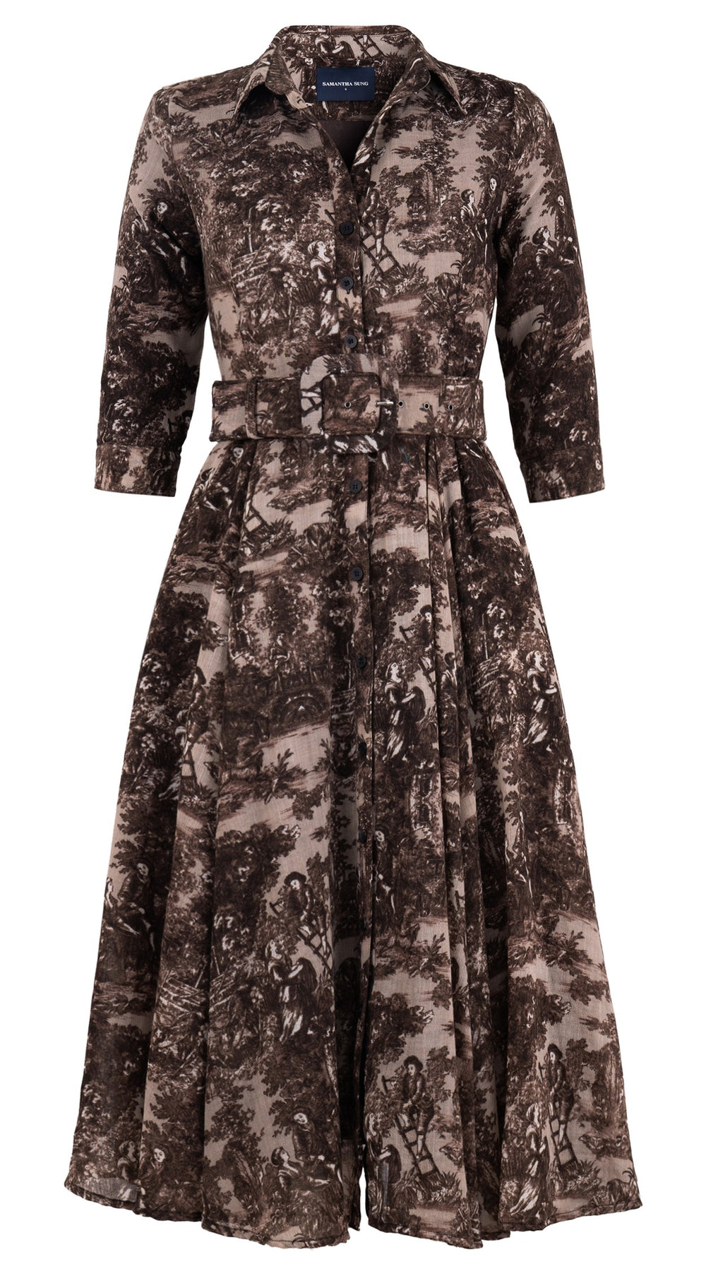 Aster Dress Shirt Collar 3/4 Sleeve Midi Length Wool Musola (Antilles Toile Ground) - Beige Sepia