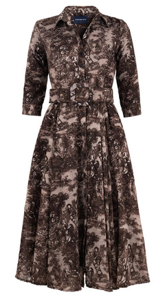 Aster Dress Shirt Collar 3/4 Sleeve Midi Length Wool (Antilles Toile Ground) - Beige Sepia