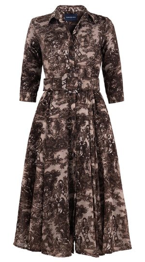 Aster Dress Shirt Collar 3/4 Sleeve Midi Length Wool Musola (Antilles Toile Ground) - Beige Sepia