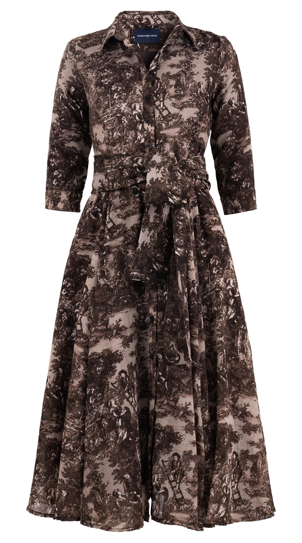 Aster Dress Shirt Collar 3/4 Sleeve Midi Length Wool (Antilles Toile Ground) - Beige Sepia