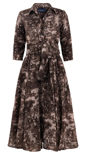 Aster Dress Shirt Collar 3/4 Sleeve Midi Length Wool Musola (Antilles Toile Ground) - Beige Sepia