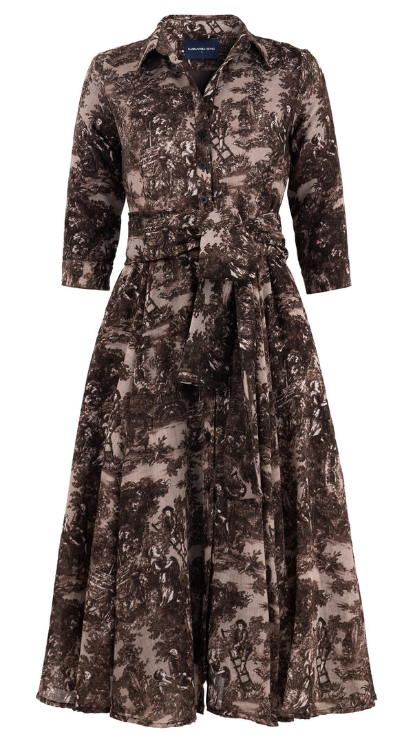 Aster Dress Shirt Collar 3/4 Sleeve Midi Length Wool Musola (Antilles Toile Ground) - Beige Sepia
