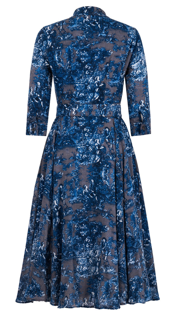 Aster Dress Shirt Collar 3/4 Sleeve Midi Length Wool Musola (Antilles Toile Ground) - Grey Blue