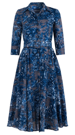 Aster Dress Shirt Collar 3/4 Sleeve Midi Length Wool (Antilles Toile Ground) - Grey Blue