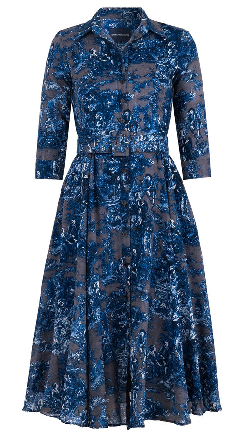 Aster Dress Shirt Collar 3/4 Sleeve Midi Length Wool Musola (Antilles Toile Ground) - Grey Blue
