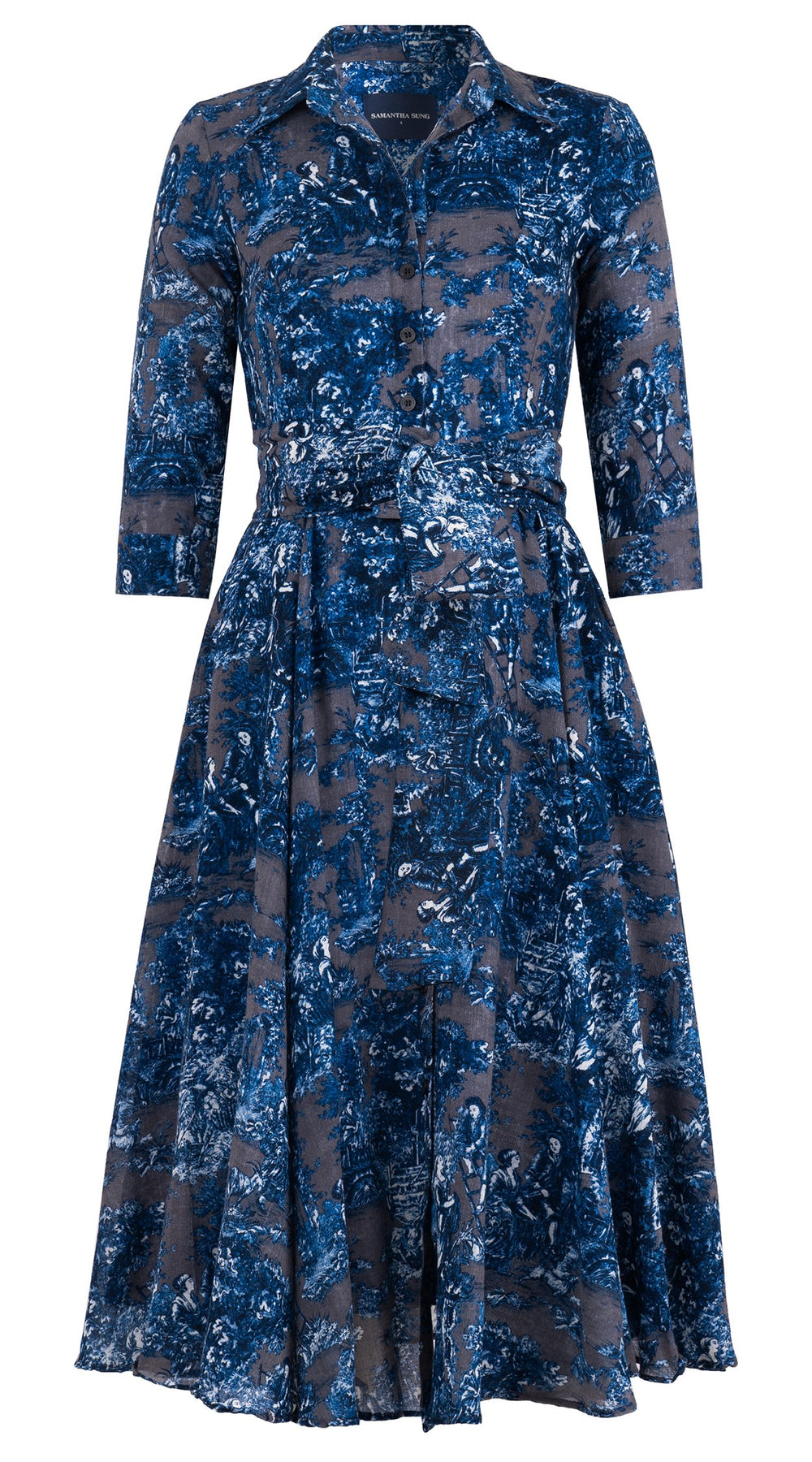 Aster Dress Shirt Collar 3/4 Sleeve Midi Length Wool (Antilles Toile Ground) - Grey Blue