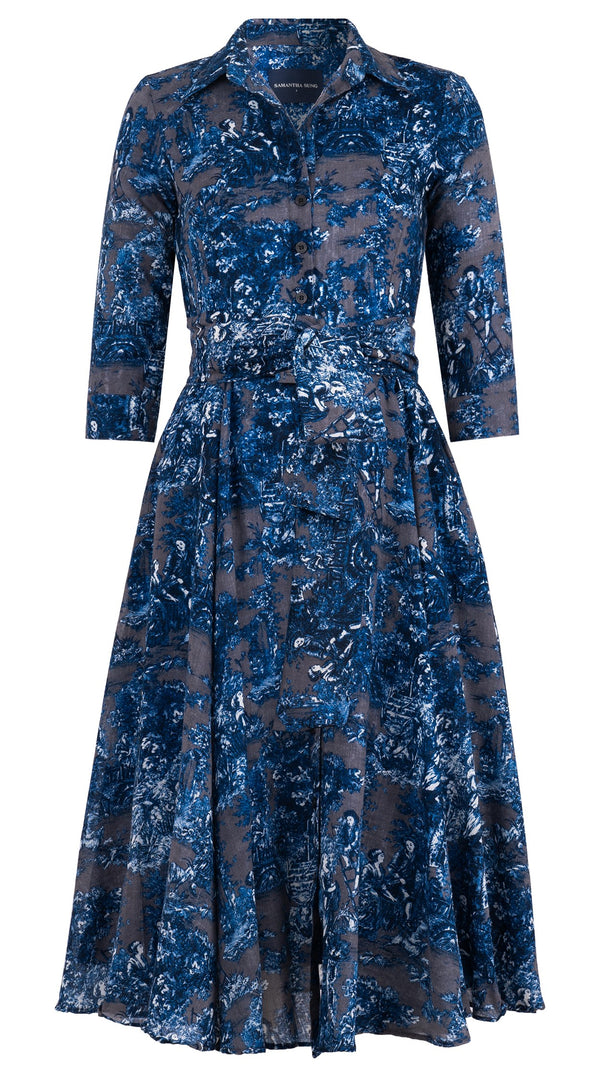 Aster Dress Shirt Collar 3/4 Sleeve Midi Length Wool Musola (Antilles Toile Ground) - Grey Blue