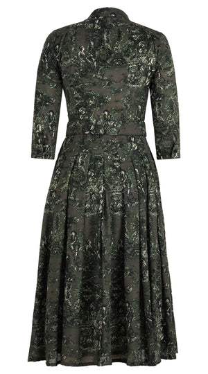 Audrey Dress #4 Shirt Collar 3/4 Sleeve Midi Length Wool Musola (Antilles Toile Ground) - Taupe Green
