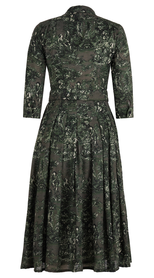 Audrey Dress #4 Shirt Collar 3/4 Sleeve Midi Length Wool Musola (Antilles Toile Ground) - Taupe Green