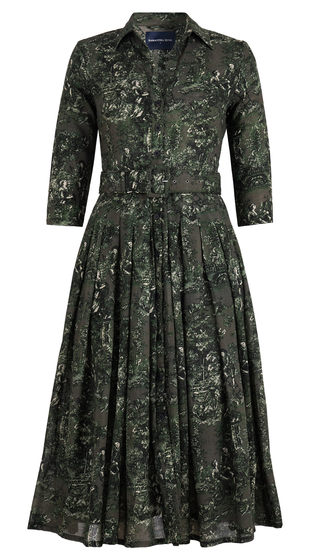 Audrey Dress #4 Shirt Collar 3/4 Sleeve Midi Length Wool Musola (Antilles Toile Ground) - Taupe Green