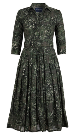 Audrey Dress #4 Shirt Collar 3/4 Sleeve Midi Length Wool (Antilles Toile Ground) - Taupe Green