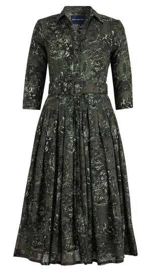 Audrey Dress #4 Shirt Collar 3/4 Sleeve Midi Length Wool Musola (Antilles Toile Ground) - Taupe Green
