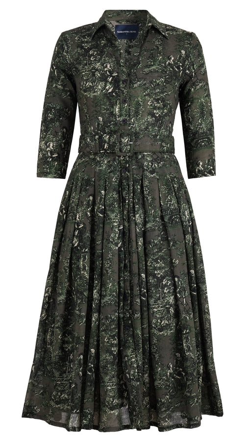 Audrey Dress #4 Shirt Collar 3/4 Sleeve Midi Length Wool Musola (Antilles Toile Ground) - Taupe Green