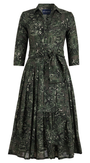 Audrey Dress #4 Shirt Collar 3/4 Sleeve Midi Length Wool Musola (Antilles Toile Ground) - Taupe Green