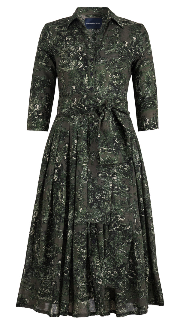 Audrey Dress #4 Shirt Collar 3/4 Sleeve Midi Length Wool Musola (Antilles Toile Ground) - Taupe Green