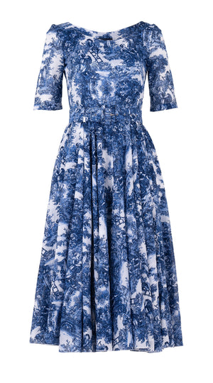 Aster Dress Boat Neck 1/2 Sleeve Midi Length Cotton Musola (Antilles Toile White)
