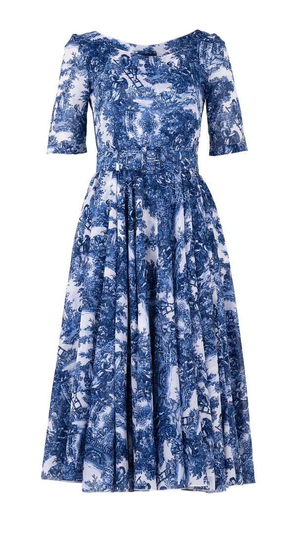 Aster Dress Boat Neck 1/2 Sleeve Midi Length Cotton Musola (Antilles Toile White)
