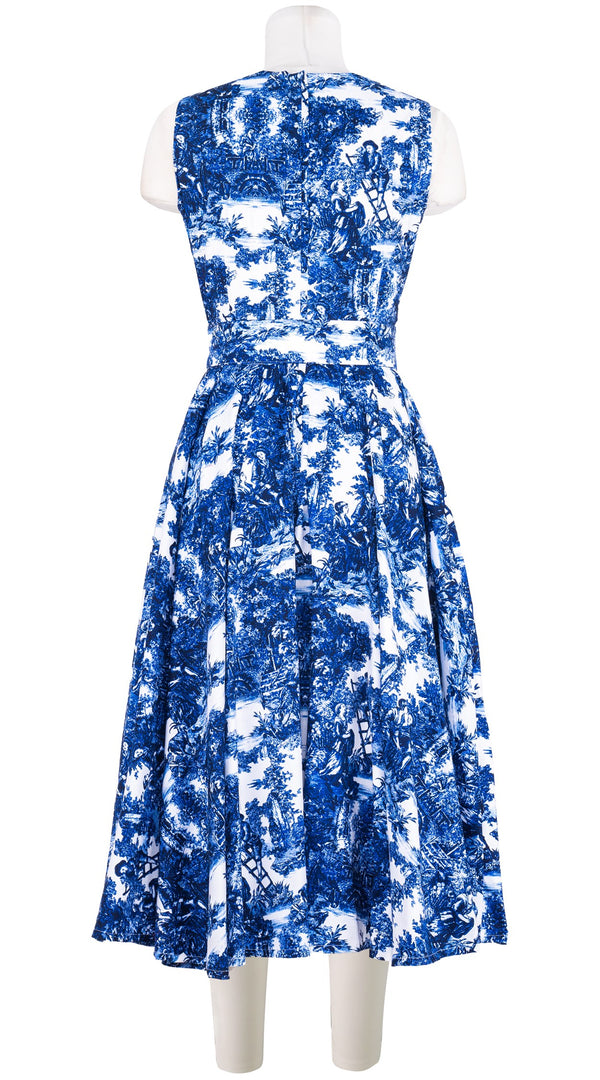 Abelia Dress Crew Neck Sleeveless Midi Length Cotton Stretch (Antilles Toile White)