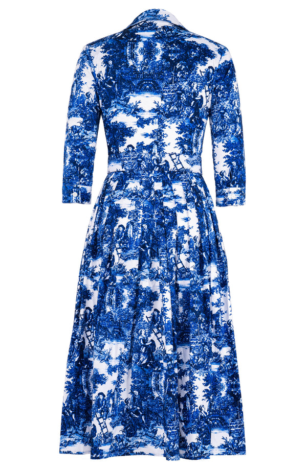 Audrey Dress #2 Shirt Collar 3/4 Sleeve Midi Length Cotton Stretch (Antilles Toile White)