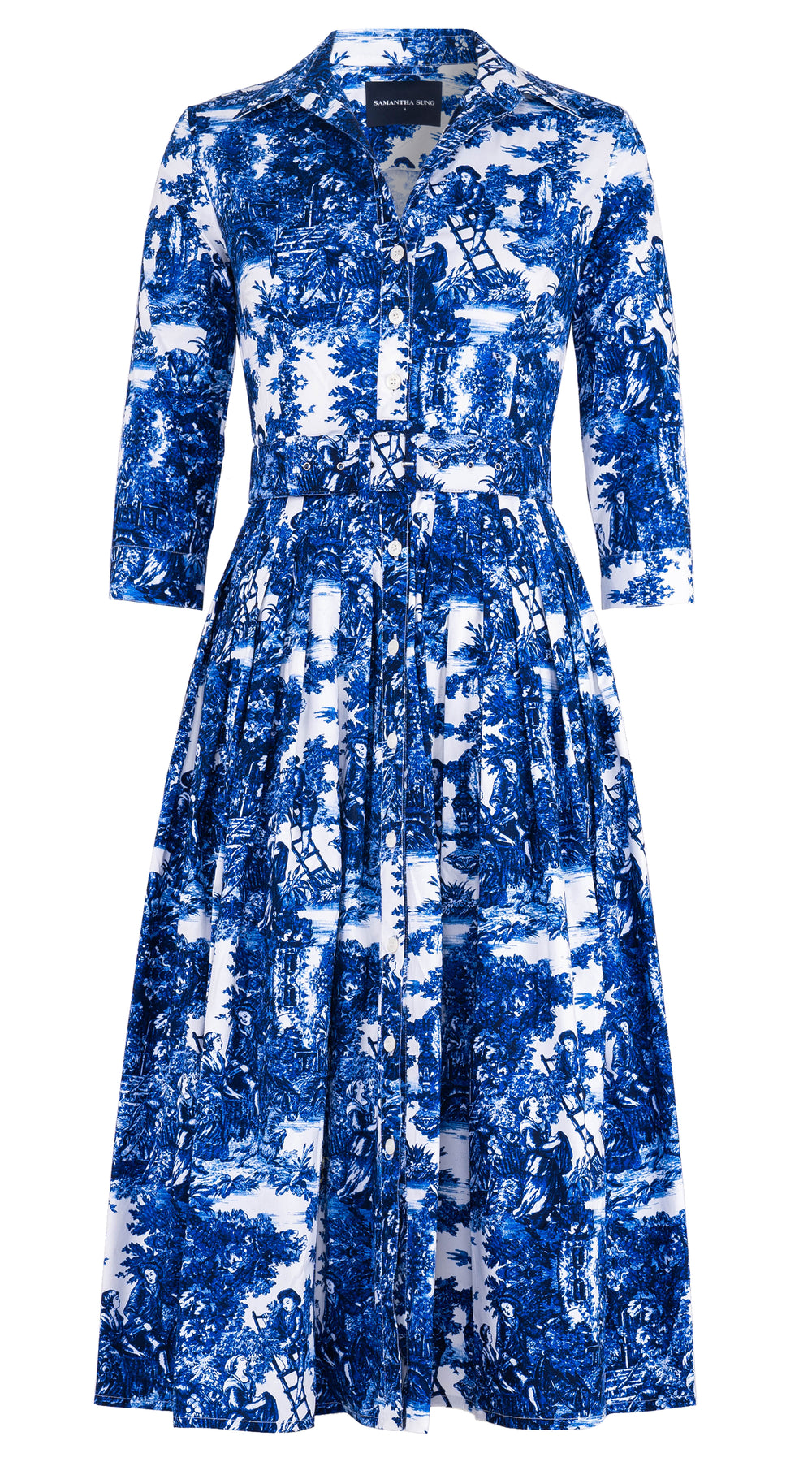 Audrey Dress #2 Shirt Collar 3/4 Sleeve Midi Length Cotton Stretch (Antilles Toile White)