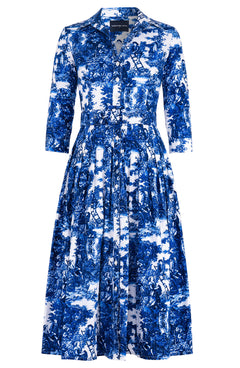Audrey Dress #2 Shirt Collar 3/4 Sleeve Midi Length Cotton Stretch (Antilles Toile White)