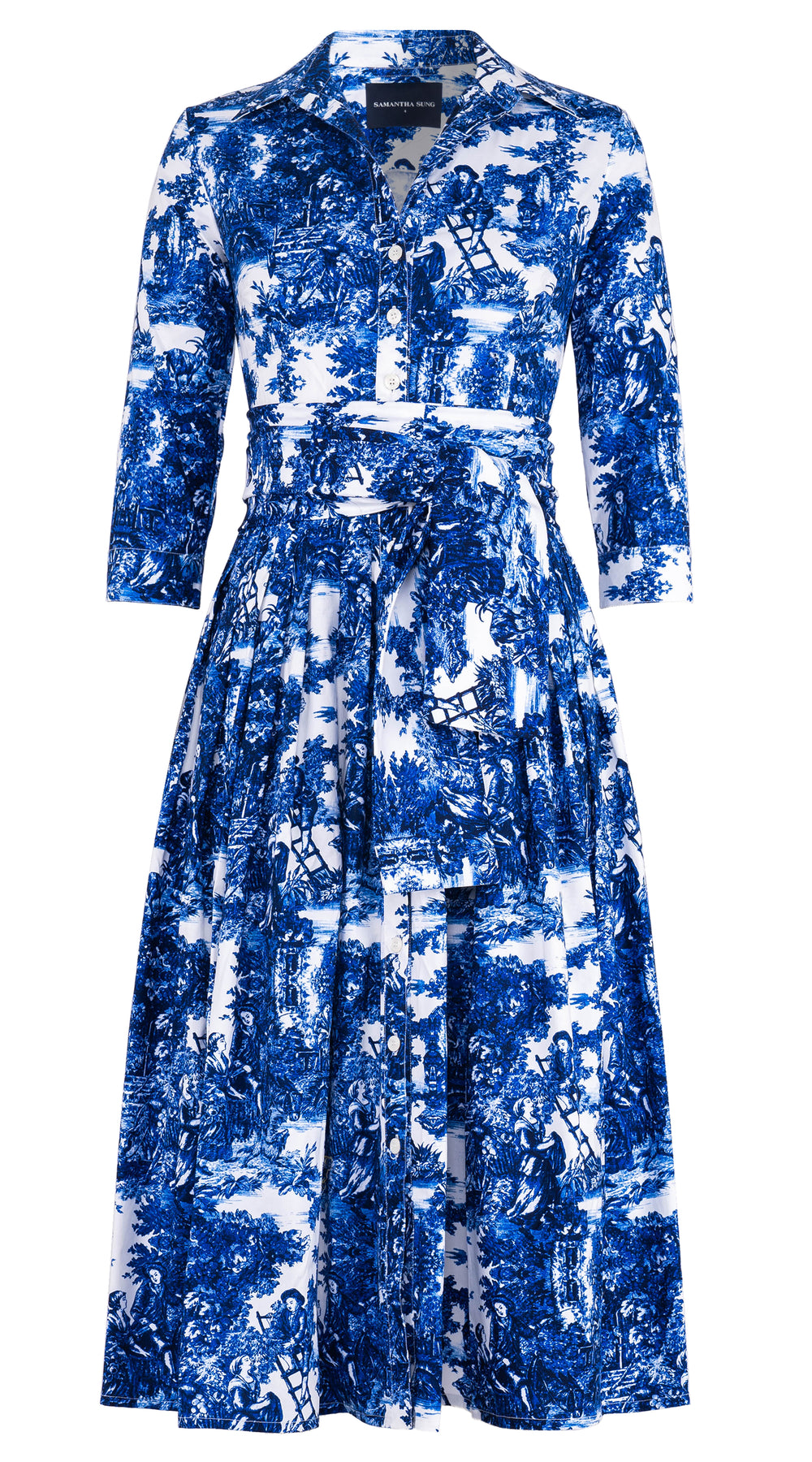 Audrey Dress #2 Shirt Collar 3/4 Sleeve Midi Length Cotton Stretch (Antilles Toile White)