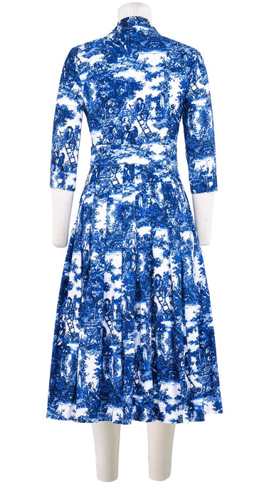 Audrey Dress #4 Shirt Collar 3/4 Sleeve Midi Length Cotton Stretch (Antilles Toile White)