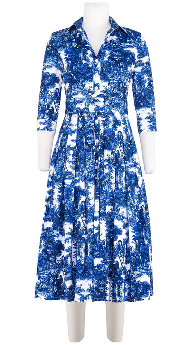 Audrey Dress #4 Shirt Collar 3/4 Sleeve Midi Length Cotton Stretch (Antilles Toile White)