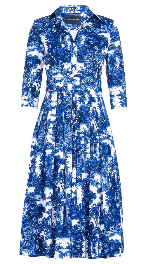 Audrey Dress #4 Shirt Collar 3/4 Sleeve Midi Length Cotton Stretch (Antilles Toile White)