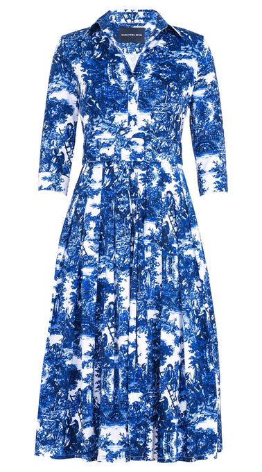 Audrey Dress #4 Shirt Collar 3/4 Sleeve Midi Length Cotton Stretch (Antilles Toile White)