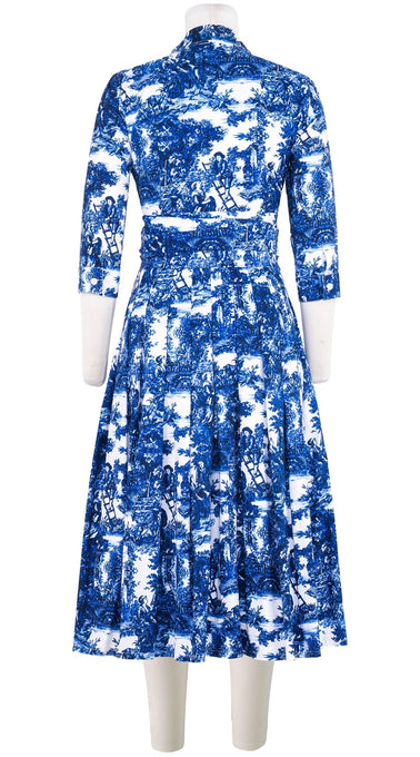 Audrey Dress #4 Shirt Collar 3/4 Sleeve Midi Length Cotton Stretch (Antilles Toile White)