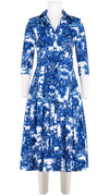 Audrey Dress #4 Shirt Collar 3/4 Sleeve Midi Length Cotton Stretch (Antilles Toile White)
